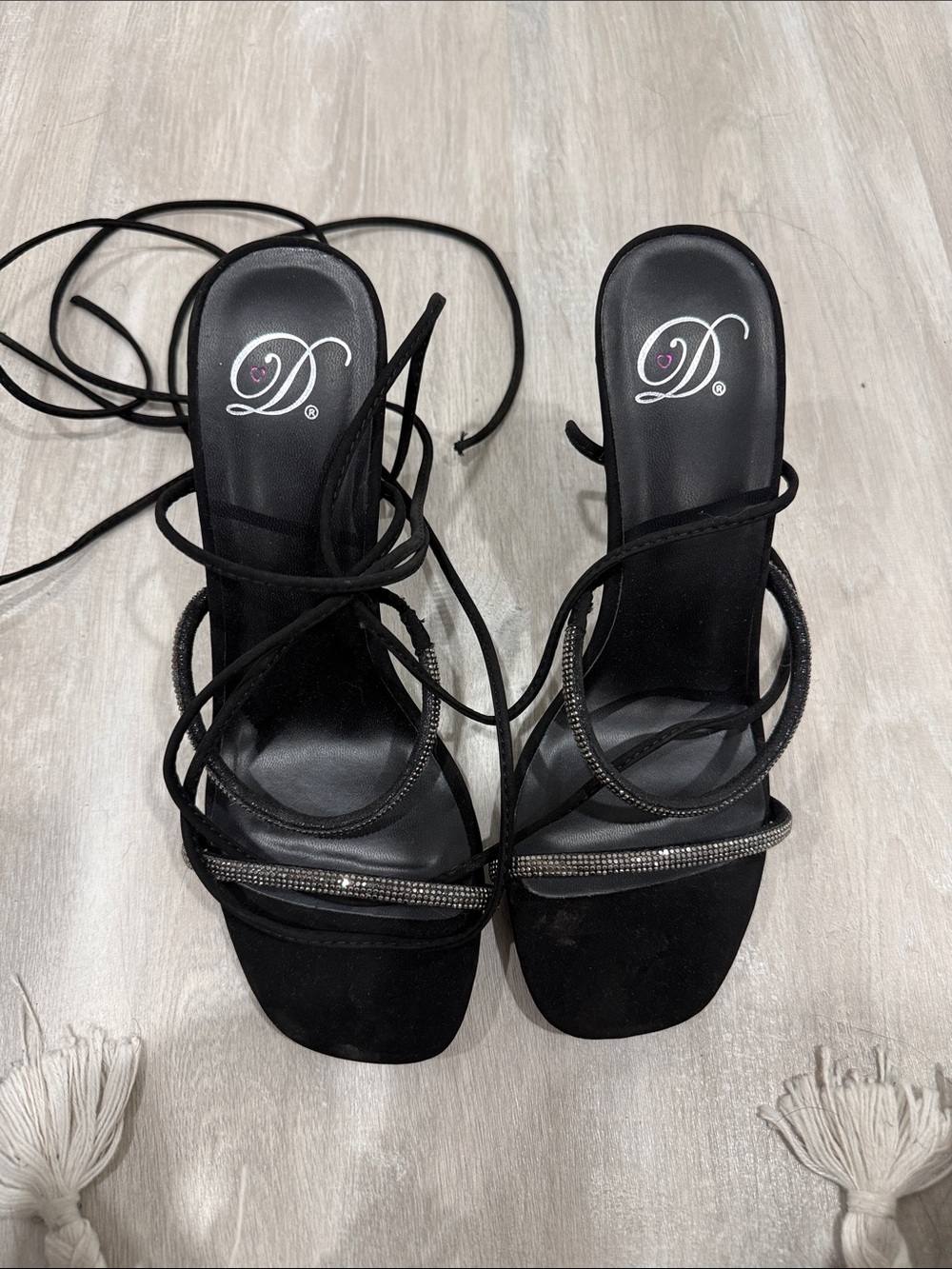 Delicious Black Rhinestone Wrap-Strap Heels
